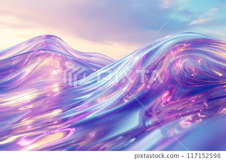 Translucent abstract waves in vibrant blue and pink hues, creating a serene and glossy landscape 117152598