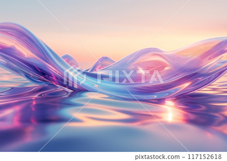 Abstract waves with a glossy finish and soft pastel hues reflecting a serene sunset over calm waters Abstract waves with a glossy finish and soft pastel hues reflecting a serene sunset over calm waters 117152618