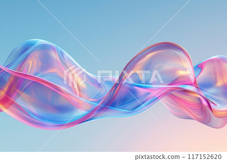 Fluid abstract 3D render with flowing, transparent ribbons in pastel pinks, blues, and yellows 117152620