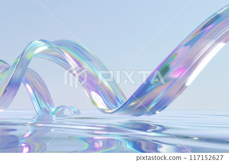 Translucent, colorful ribbons floating gracefully over a calm, reflective water surface in daylight Translucent, colorful ribbons floating gracefully over a calm, reflective water surface in daylight 117152627