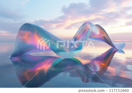 Elegant, translucent wave curving gracefully over a calm water surface under a pastel sky 117152660