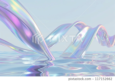 Iridescent, wavy forms stretch elegantly across a clear, sky-blue background with reflective surface 117152662