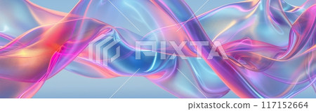 Flowing iridescent ribbons intertwine in a dreamy, pastelhued abstract landscape against a soft sky 117152664