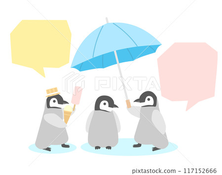 Illustration of a penguin holding a parasol and an ice cream Illustration of a penguin holding a parasol and an ice cream 117152666