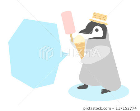 Illustration of a penguin wearing a straw hat and holding an ice cream (with speech bubble version) Illustration of a penguin wearing a straw hat and holding an ice cream (with speech bubble version) 117152774
