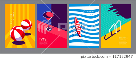 Summer layout set, poster banner template, flat vector, colorful minimal illustration Summer layout set, poster banner template, flat vector, colorful minimal illustration 117152947
