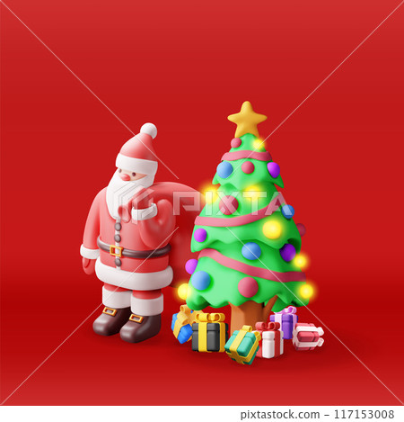 3D santa claus with gift bag and christmas tree 117153008