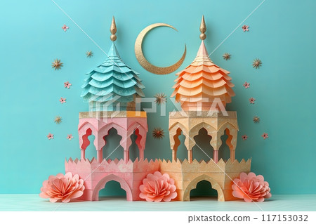 Two paper buildings mosque with a gold moon in the middle 117153032