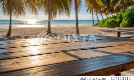 wood table top on blurred tropical beach 117153113