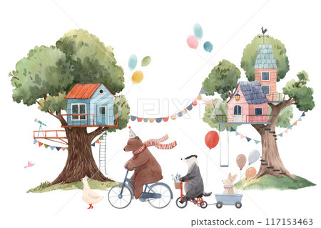 Beautiful kid mural with composition of watercolor hand drawn tree houses and cute forest animals. Stock childish illustration. 117153463