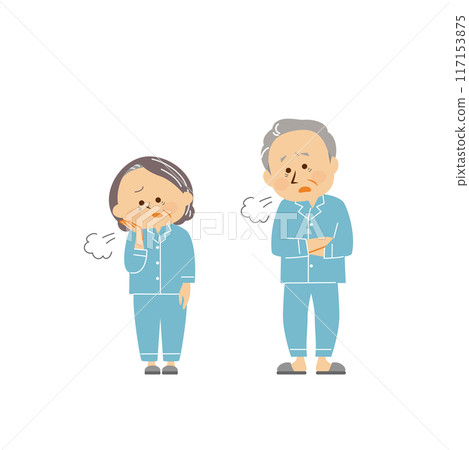 Cute illustration of a senior man and a senior woman wearing pajamas 117153875