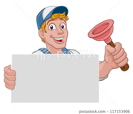 Plumber Plunger Tool Cartoon Plumbing Man Handyman 117153906