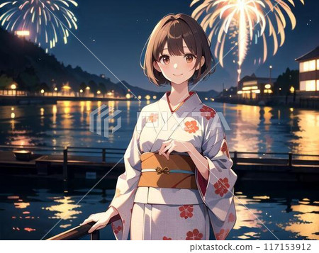 A woman in a yukata enjoying fireworks A woman in a yukata enjoying fireworks 117153912