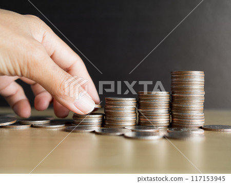 Stack Coin Money wite Finger, Pile Cash, Currency Salary Change Value Bank Finance, Saving Growth Business Earnings Fund Concept. Stack Coin Money wite Finger, Pile Cash, Currency Salary Change Value Bank Finance, Saving Growth Business Earnings Fund Concept. 117153945