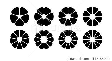 Circle division infographic icon set. Pie chart divided 8,9,10 equal parts. Pizza or flower round diagram. Infographic wheel segment and fraction. Vector illustration isolated on white background Circle division infographic icon set. Pie chart divided 8,9,10 equal parts. Pizza or flower round diagram. Infographic wheel segment and fraction. Vector illustration isolated on white background 117153992