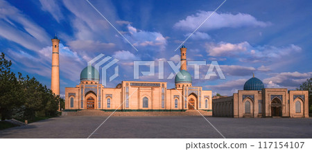 panorama of Hazrati Imam architectural complex in Tashkent. Hast Imam Mosque and Mayi Muborak Madrasah Library Museum on square in summer 117154107
