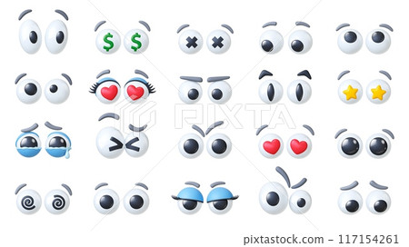 3d plastic googly eyes. Comic eye different emotions. Expression eyeballs for puppets, romantic happiness angry sad look. Realistic pithy vector collection 117154261