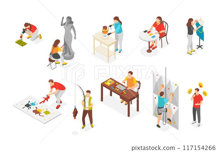 Isometric hobby. People sewing planting painting fishing baking. Young men women, artists photographer and fashion designer, flawless vector set Isometric hobby. People sewing planting painting fishing baking. Young men women, artists photographer and fashion designer, flawless vector set 117154266