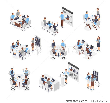 Isometric business meeting. Office managers work processes. Team leader presentation, speakers and corporate trainings. Start up flawless vector scenes 117154267