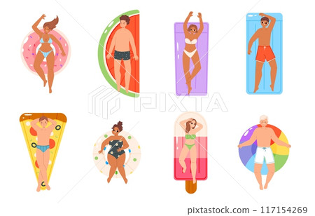 People on inflatable toys. Cute adults sunbathing on rubber mattresses and rings. Pizza slice donut ice cream watermelon. Vacations snugly vector set 117154269