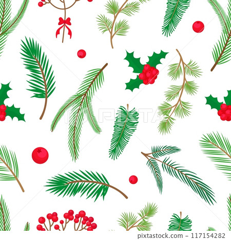 Christmas tree seamless pattern. Cedar pine fir trees branches. Doodle evergreen nature elements fabric print. Plants neoteric vector background 117154282