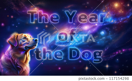 Text "The Year of the Dog" with galaxy background, Astrology concept. 117154298