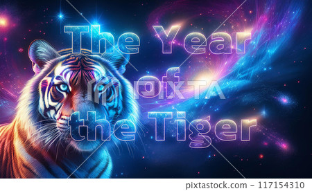 Text "The Year of the Tiger" with galaxy background, Astrology concept. 117154310
