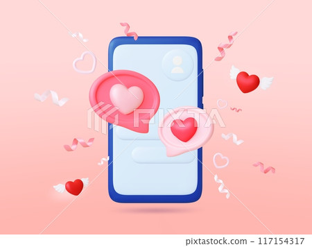 Online chatting 3d concept. Romantic messages, long distance love relationship in chat. Smartphone mockup, talk bubbles, hearts render vector elements Online chatting 3d concept. Romantic messages, long distance love relationship in chat. Smartphone mockup, talk bubbles, hearts render vector elements 117154317