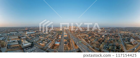 Aerial panoramic view of the skyline of Kansas City during sunrise Aerial panoramic view of the skyline of Kansas City during sunrise 117154425