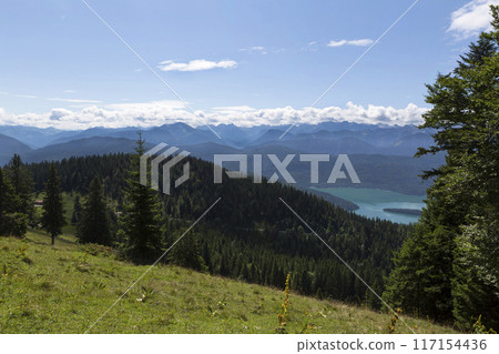 View to Walchensee lake, Bavaria, Germany in summertime View to Walchensee lake, Bavaria, Germany in summertime 117154436