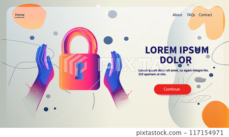Colorful hands holding large padlock abstract background with geometric shapes and leaves digital security concept modern design 117154971