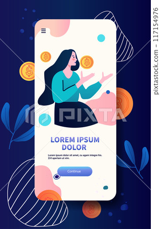Mobile app interface with woman holding coins abstract background with leaves and geometric shapes modern design Mobile app interface with woman holding coins abstract background with leaves and geometric shapes modern design 117154976