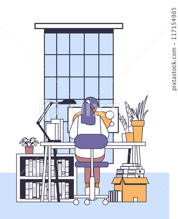 Person working at desk home office minimalistic style plants bookshelves large window 117154985