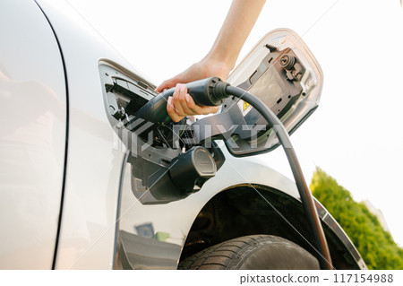 a girl charges her electric car at a charging station, Environmentally friendly energy sources, green energy concept, solar energy 117154988