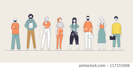 Diverse group of people standing in line wearing casual clothing in a minimalistic flat design with various poses against a neutral background in a Diverse group of people standing in line wearing casual clothing in a minimalistic flat design with various poses against a neutral background in a 117155006