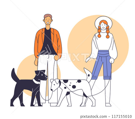 Couple walking dogs man in orange jacket woman in hat with braids two dogs on leashes minimalistic style yellow circles background Couple walking dogs man in orange jacket woman in hat with braids two dogs on leashes minimalistic style yellow circles background 117155010