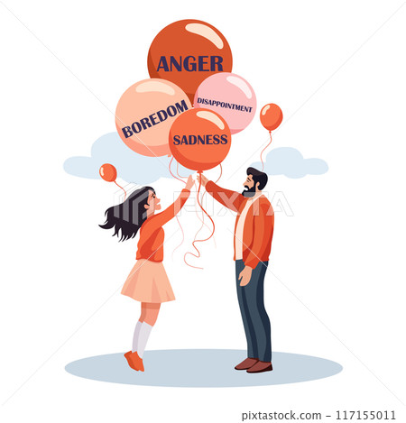 People with balloons with emotions written inside People with balloons with emotions written inside 117155011