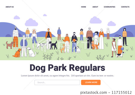 Dog park scene with diverse people and various dogs casual outdoor setting with hills clouds and grass colorful and modern style 117155012