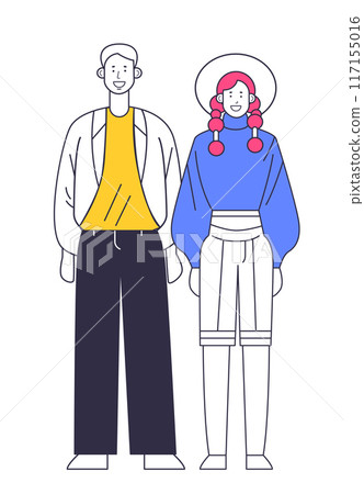 Stylized of a smiling man and woman standing side by side featuring simple lines modern clothing and vibrant colors Stylized of a smiling man and woman standing side by side featuring simple lines modern clothing and vibrant colors 117155016