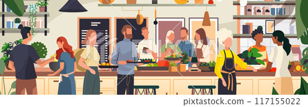 Community gathering in kitchen cooking together diverse people preparing food vegetables modern interior plants 117155022