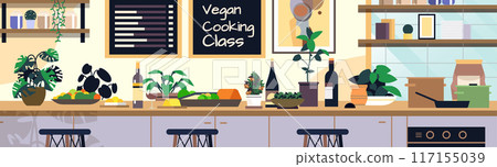 Vegan cooking class kitchen scene with plants fruits vegetables bottles and cookware on a countertop modern interior design 117155039