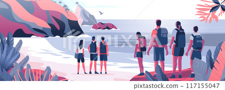 Hikers enjoying scenic coastal view group of people with backpacks standing on beach admiring ocean mountains tropical plants colorful landscape Hikers enjoying scenic coastal view group of people with backpacks standing on beach admiring ocean mountains tropical plants colorful landscape 117155047
