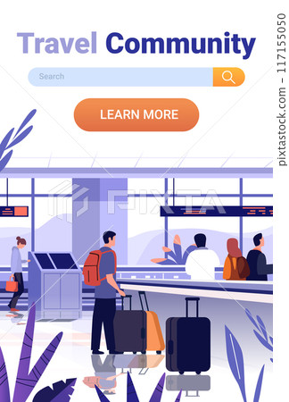 Travel community airport scene with travelers checking in and waiting in line at a modern terminal with plants and large windows website design 117155050