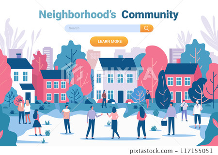 Neighborhood community people interacting suburban houses trees colorful 117155051