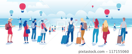 Tourists on beach watching hot air balloons sea sailboats summer vacation travel scene people luggage ocean sky clouds 117155060
