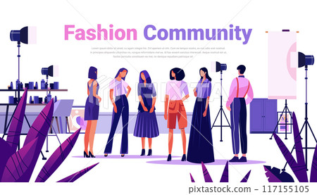 Fashion community group of people in studio with lights and equipment various outfits and styles plants in foreground modern design 117155105
