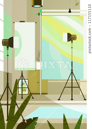 Photography studio interior with lighting equipment backdrop and plants modern professional workspace creative environment 117155110