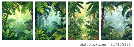 Tropical rainforest vertical posters set. Palm leaves exotic plants. Trees and vines in the foreground. Nature protection ecology and tavel concept design. Flat cartoon style vector collection 117155151