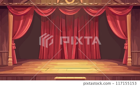 Theater stage with red curtains. Empty wooden scene. Banner for concert, event, show. Theaters interior with illuminated center. Cartoon vector illustration Theater stage with red curtains. Empty wooden scene. Banner for concert, event, show. Theaters interior with illuminated center. Cartoon vector illustration 117155153