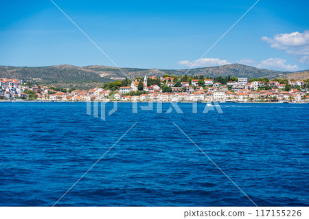 Panoramic wiew of Rogoznica town from blue Adriatic sea in Croatia 117155226